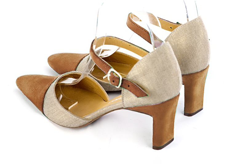 Camel beige and gold women's open side shoes, with an instep strap. Tapered toe. Medium comma heels. Rear view - Florence KOOIJMAN